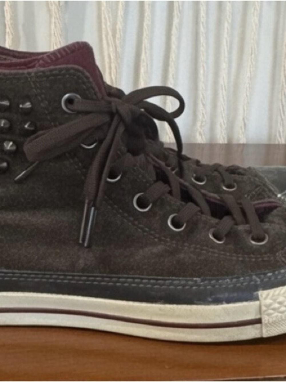 Converse High-Top Sneaker in Charcoal and Burgundy with Metal Studs - Picture 2 of 7